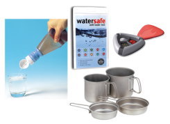 水質検査キット、携帯浄水器、カトラリー、クッカー